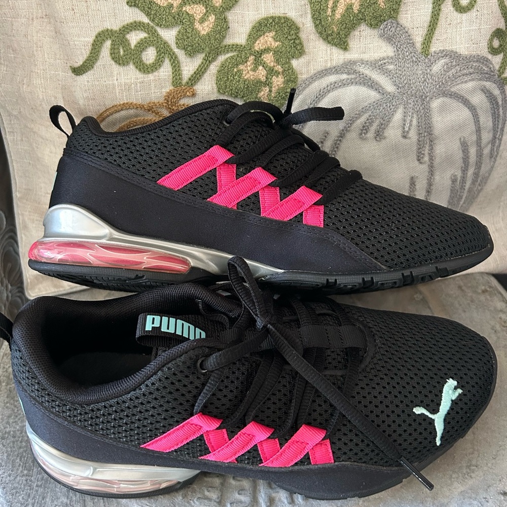 Puma Women's Black Sneakers with Pink & Aqua Highlights